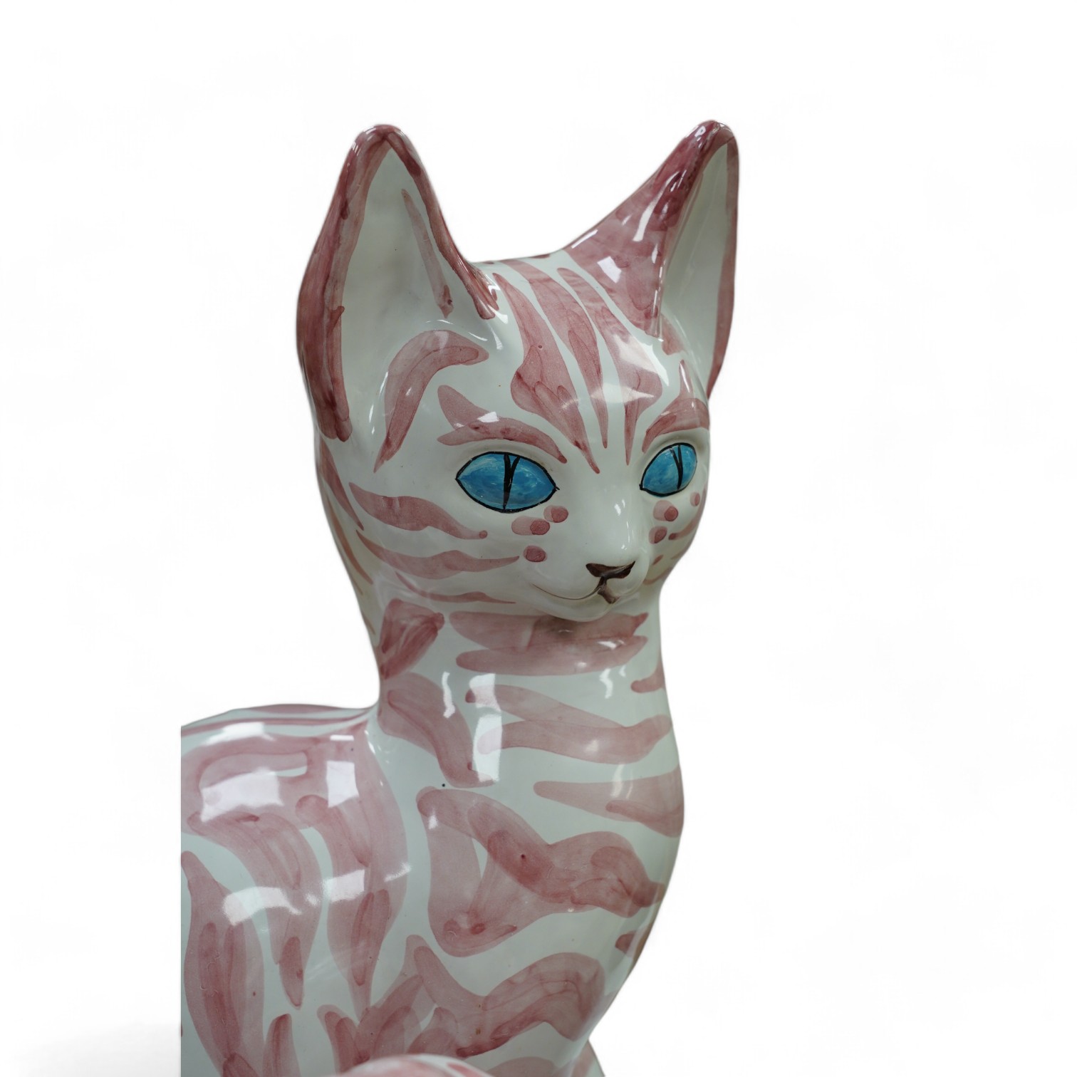 A large 1950's Italian pink maiolica seated cat and two smaller, largest 45cm. Condition - poor